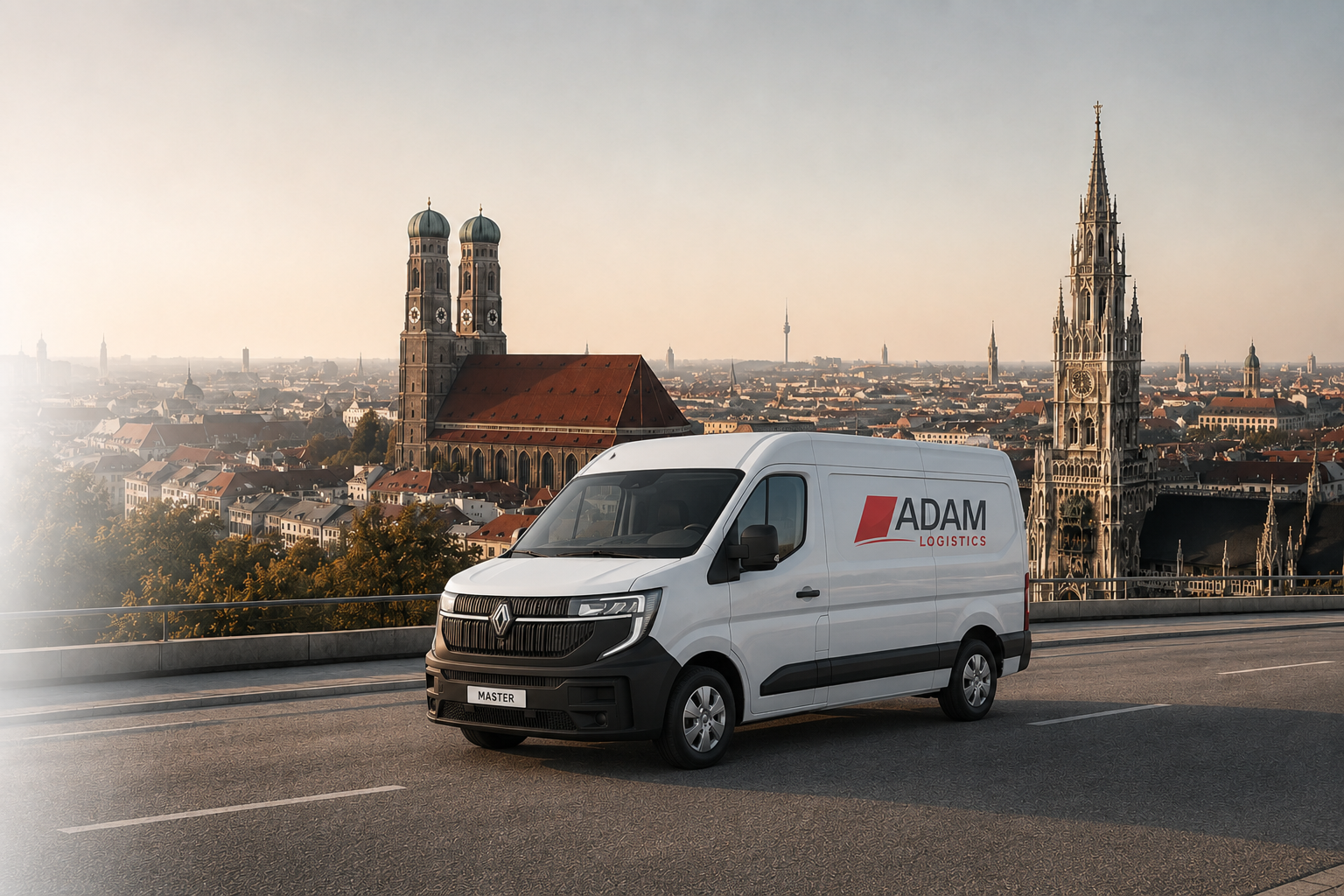 Weißer Renault Master Transporter mit München-Hintergrund